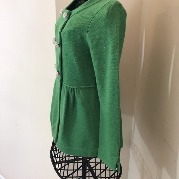 J.Crew Collection Green Cashmere-Blend Double-Breasted Sweater w/ Rhinestone But - Picture 3 of 15